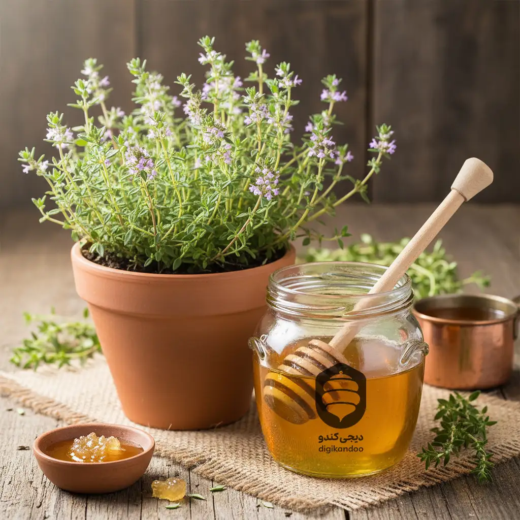 گیاه آویشن با گلهای بنفش در کنار شیشه عسل آویشن اصل